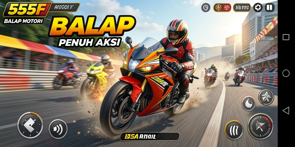 Tampilan antarmuka game balap motor 555F yang mendebarkan