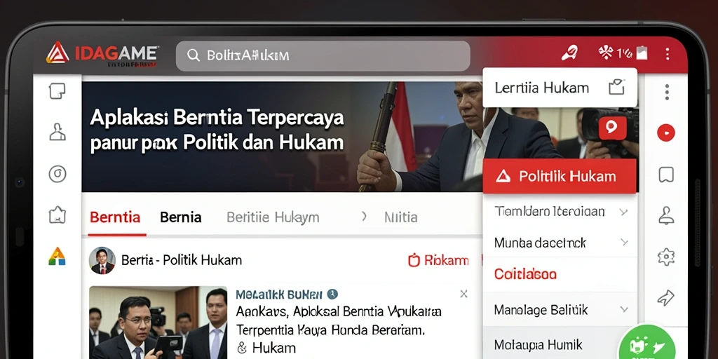 Antarmuka pengguna IDAGAME menampilkan berita politik dan hukum secara jelas.
