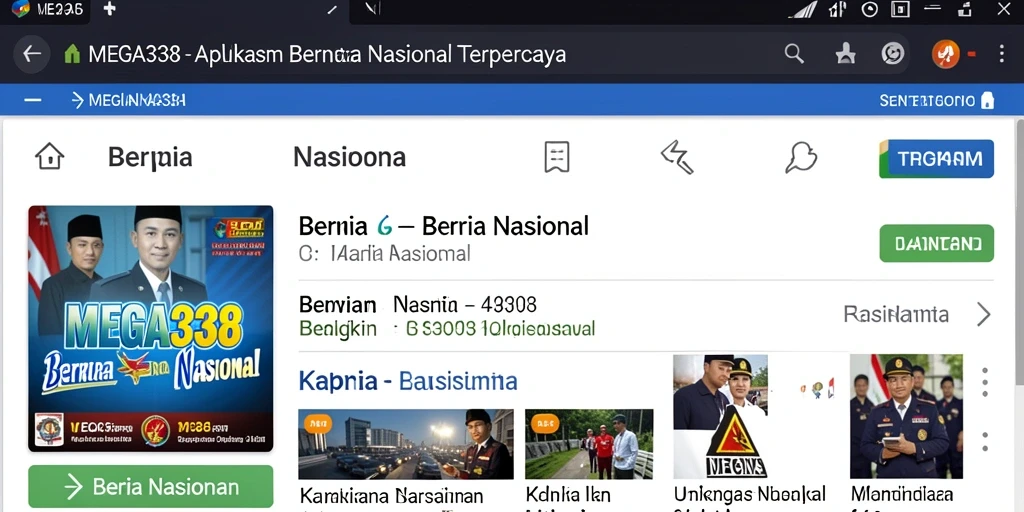 Tampilan antarmuka pengguna MEGA338 yang menarik dan fungsi Berita Nasional.